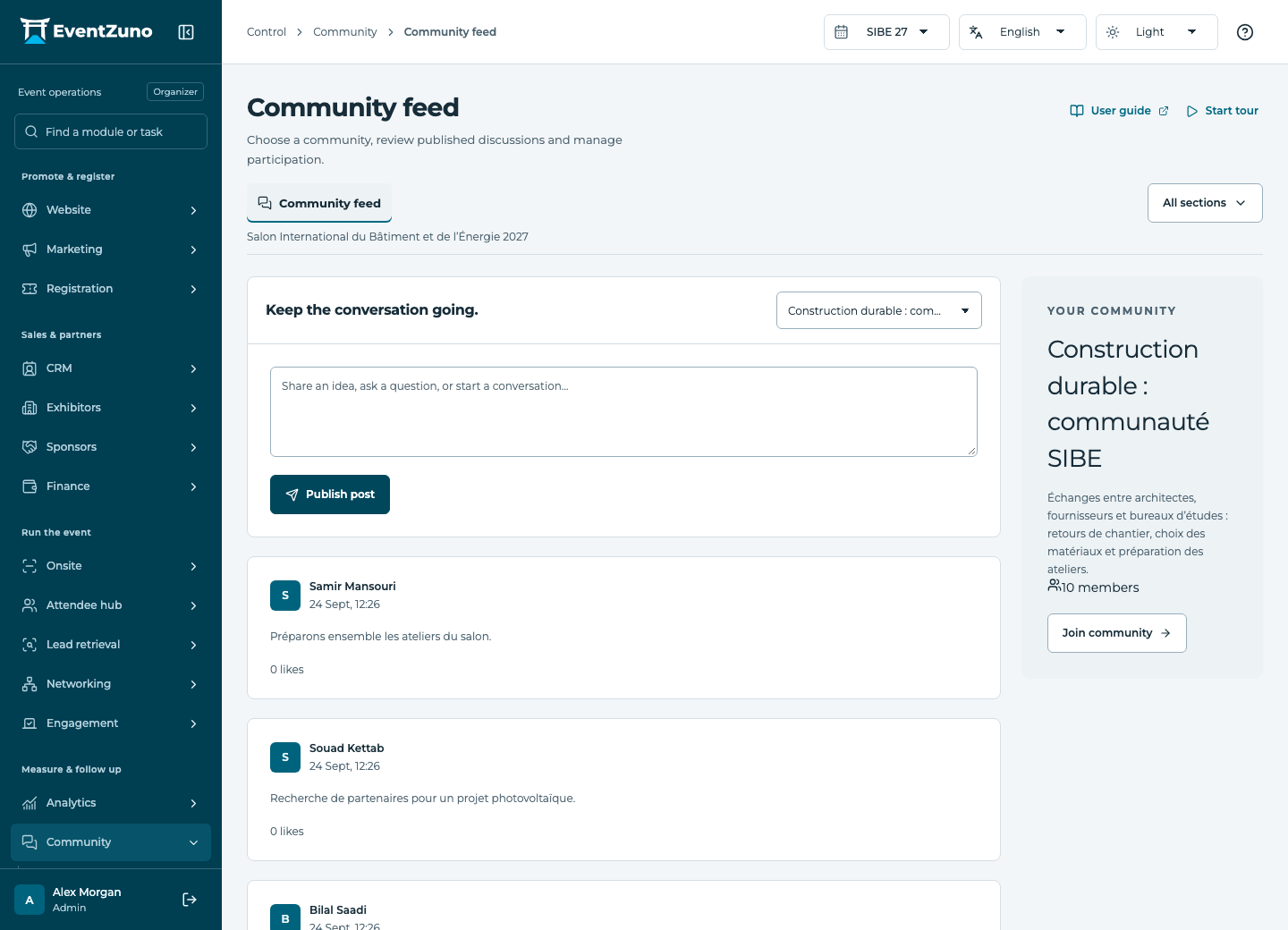 Community & Year-round: Community feed in the EventZuno demonstration event