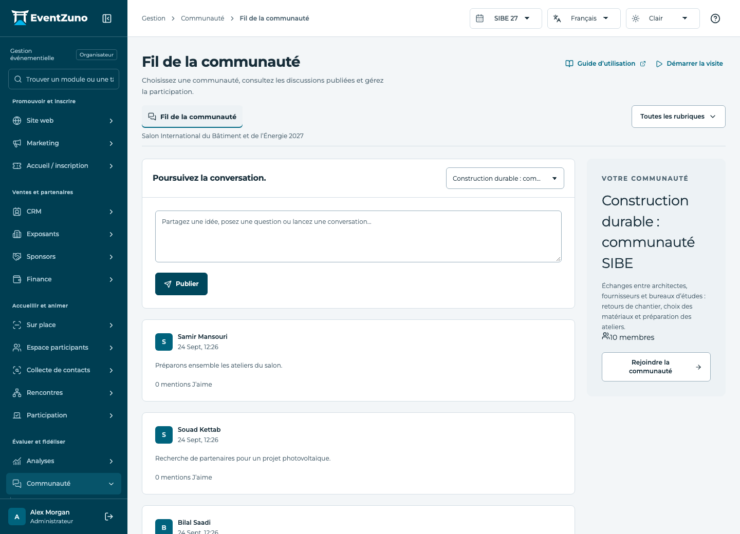 Communauté et activités annuelles : Fil de la communauté dans l’événement de démonstration EventZuno