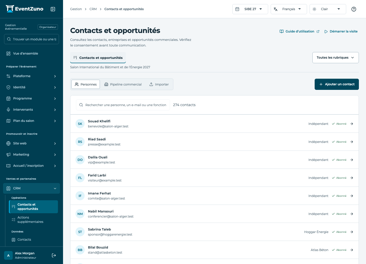 Relations et contacts événementiels : Contacts et opportunités dans l’événement de démonstration EventZuno
