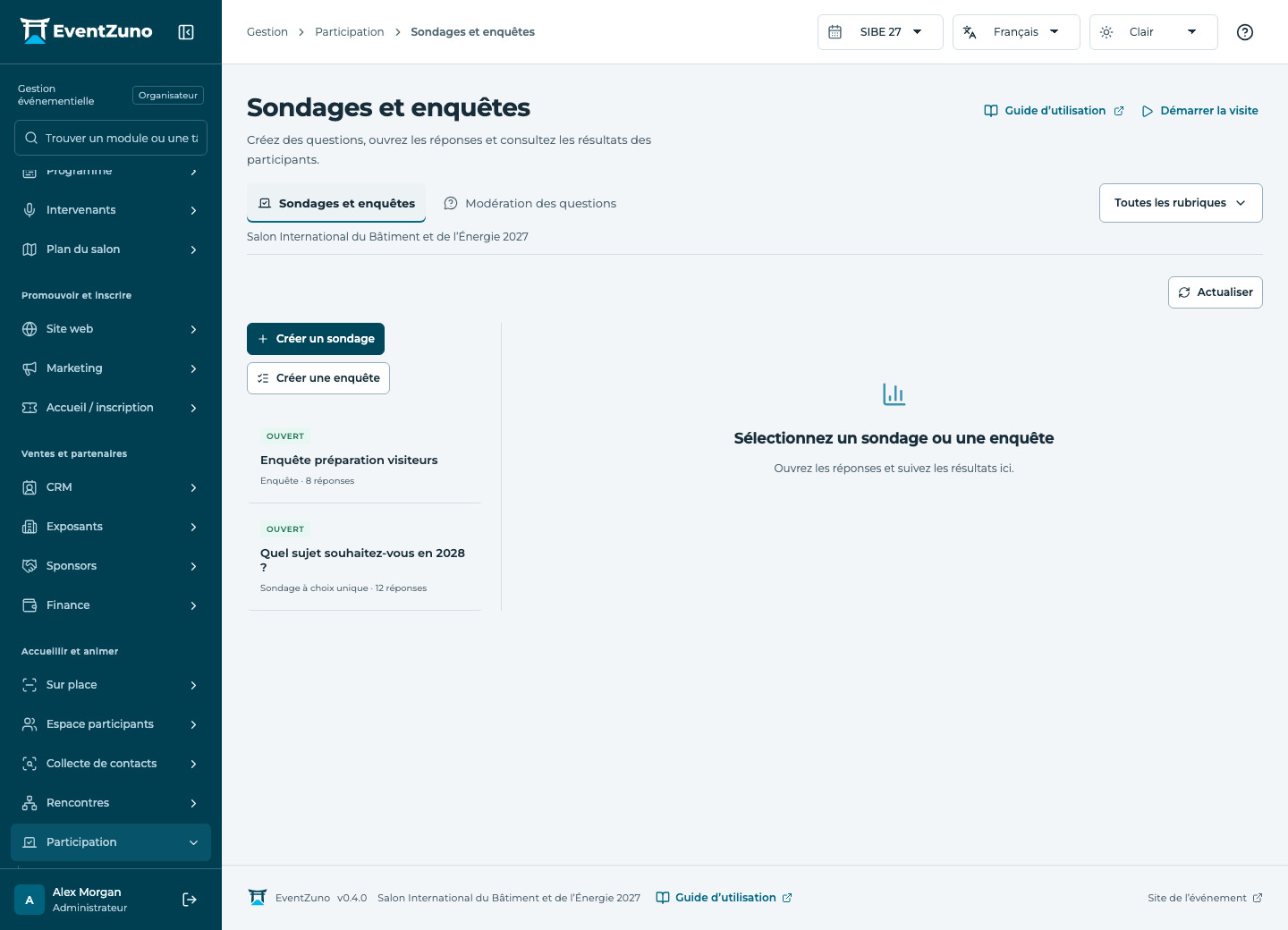 Sondages, questions et certificats : Sondages et enquêtes dans l’événement de démonstration EventZuno