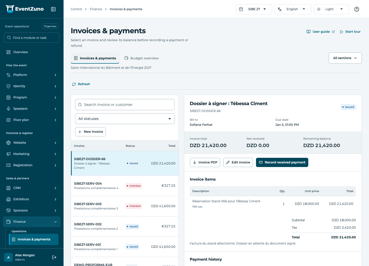 Payments, Invoicing & Finance: Invoices & payments in the EventZuno demonstration event
