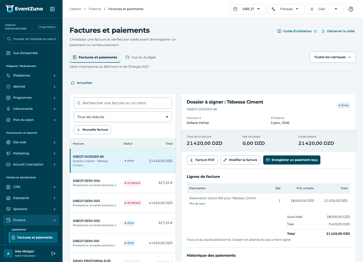 Paiements, facturation et finances : Factures et paiements dans l’événement de démonstration EventZuno