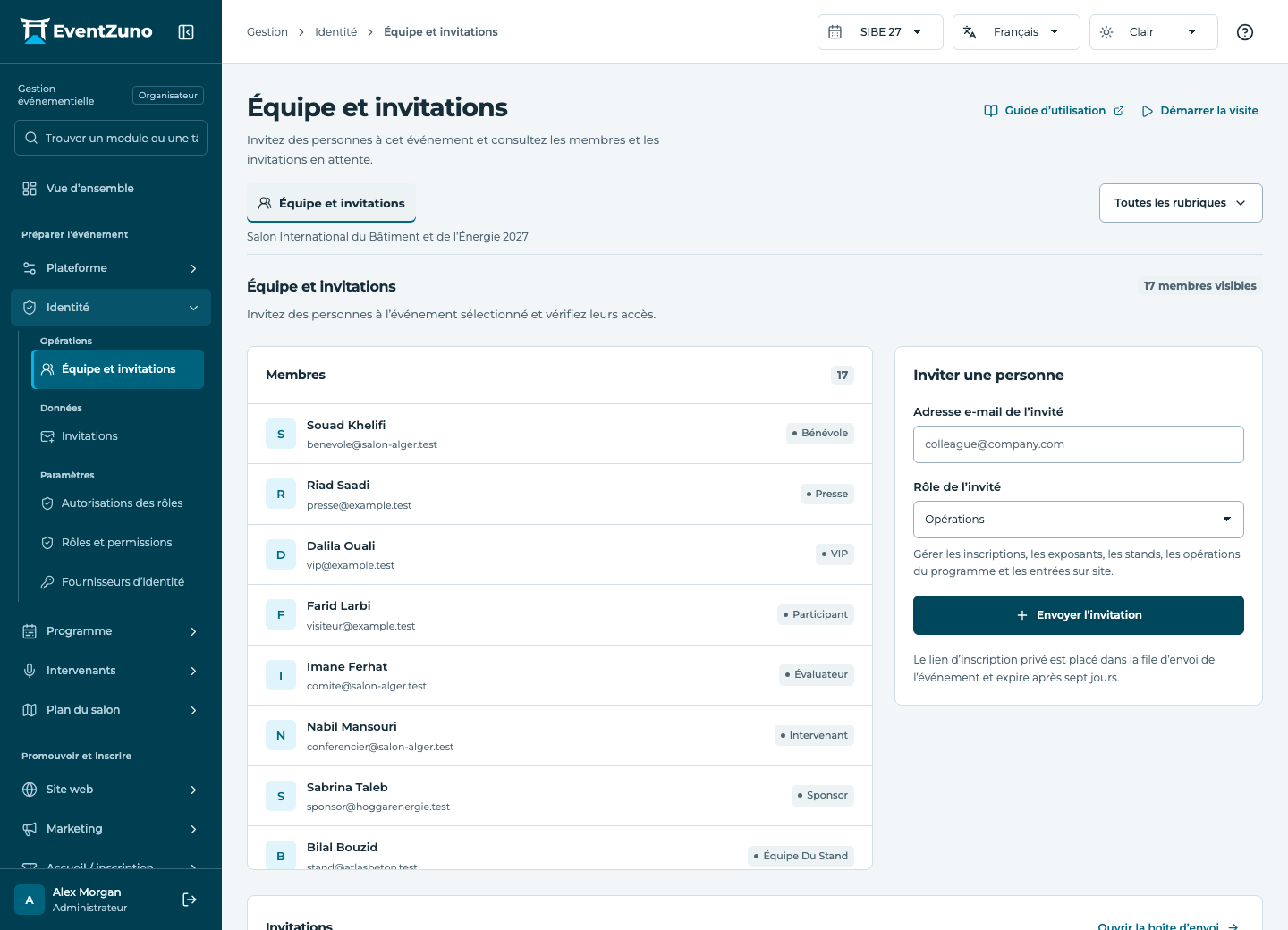 Identités, comptes et autorisations : Équipe et invitations dans l’événement de démonstration EventZuno
