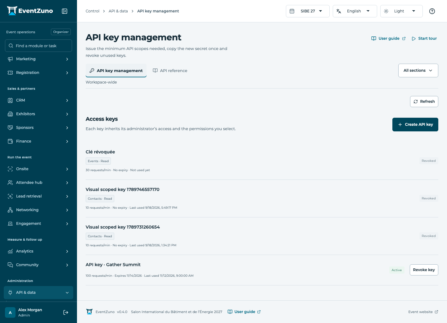 Integrations, API & Data: API key management in the EventZuno demonstration event
