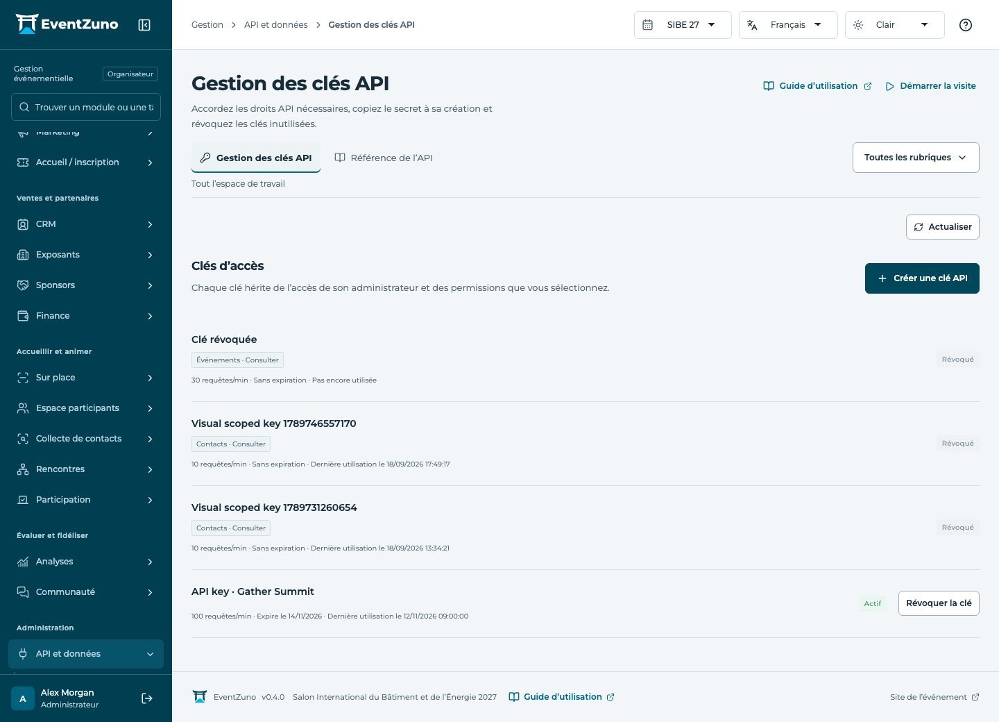 Intégrations, API et données : Gestion des clés API dans l’événement de démonstration EventZuno