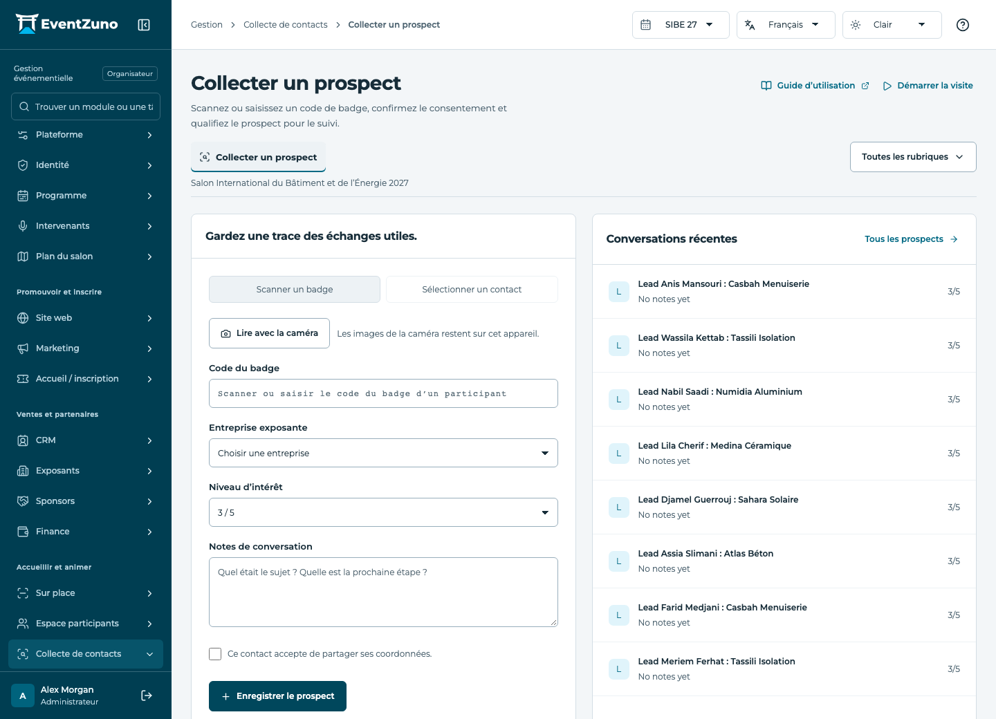 Collecte de contacts et résultats exposants : Collecter un prospect dans l’événement de démonstration EventZuno