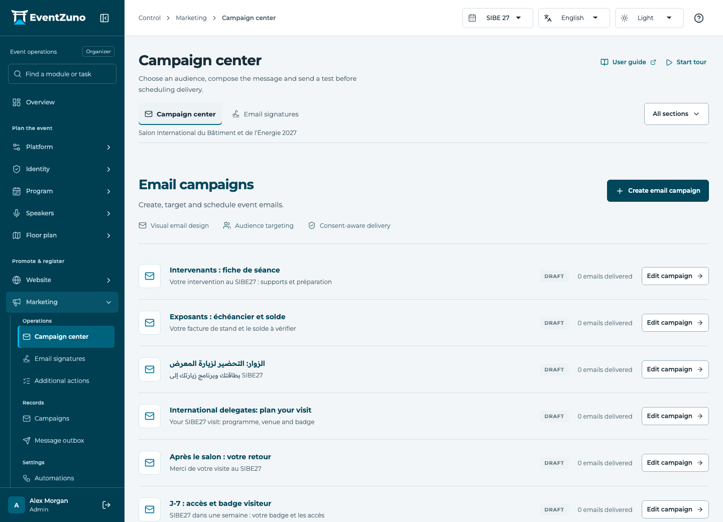 Email, SMS & Automation: Campaign center in the EventZuno demonstration event