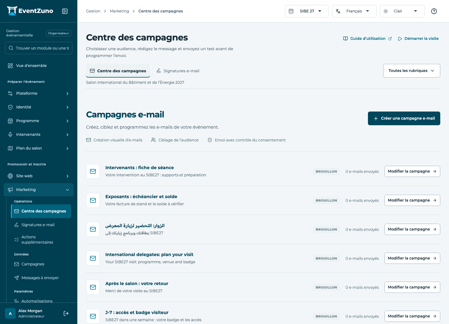 E-mails, SMS et automatisations : Centre des campagnes dans l’événement de démonstration EventZuno