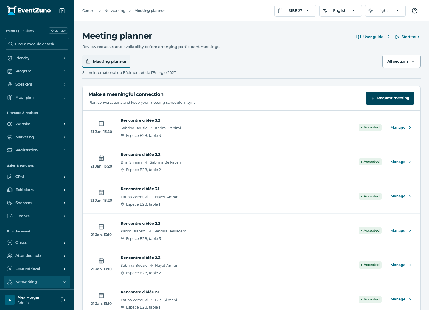 Networking, Matchmaking & Meetings: Meeting planner in the EventZuno demonstration event