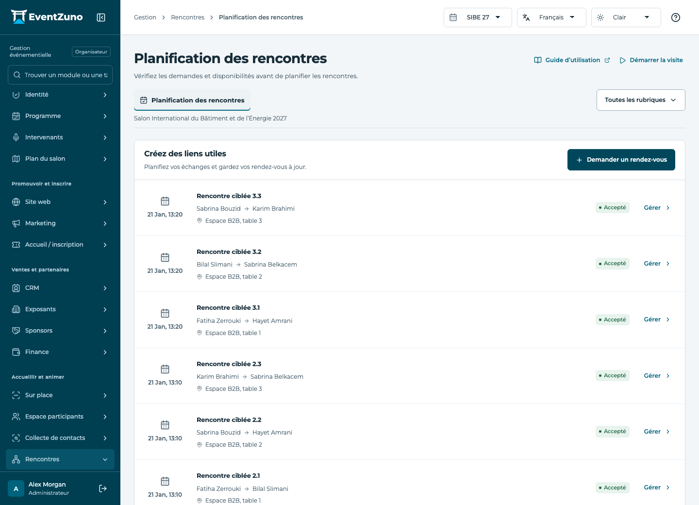 Rencontres et rendez-vous : Planification des rencontres dans l’événement de démonstration EventZuno