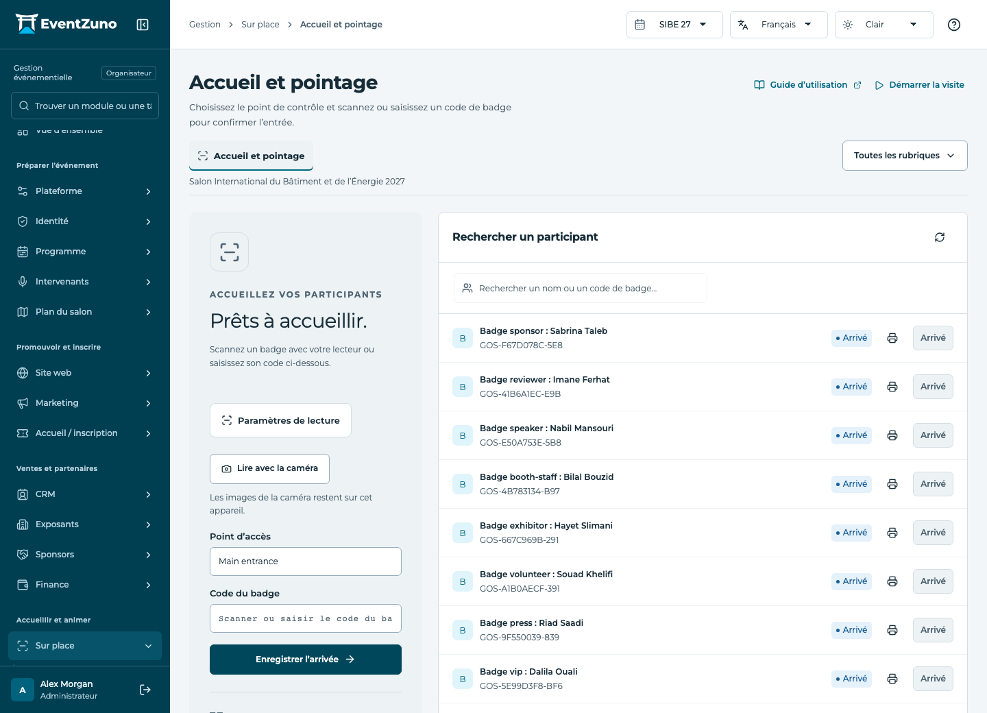 Accueil, badges et accès : Accueil et pointage dans l’événement de démonstration EventZuno