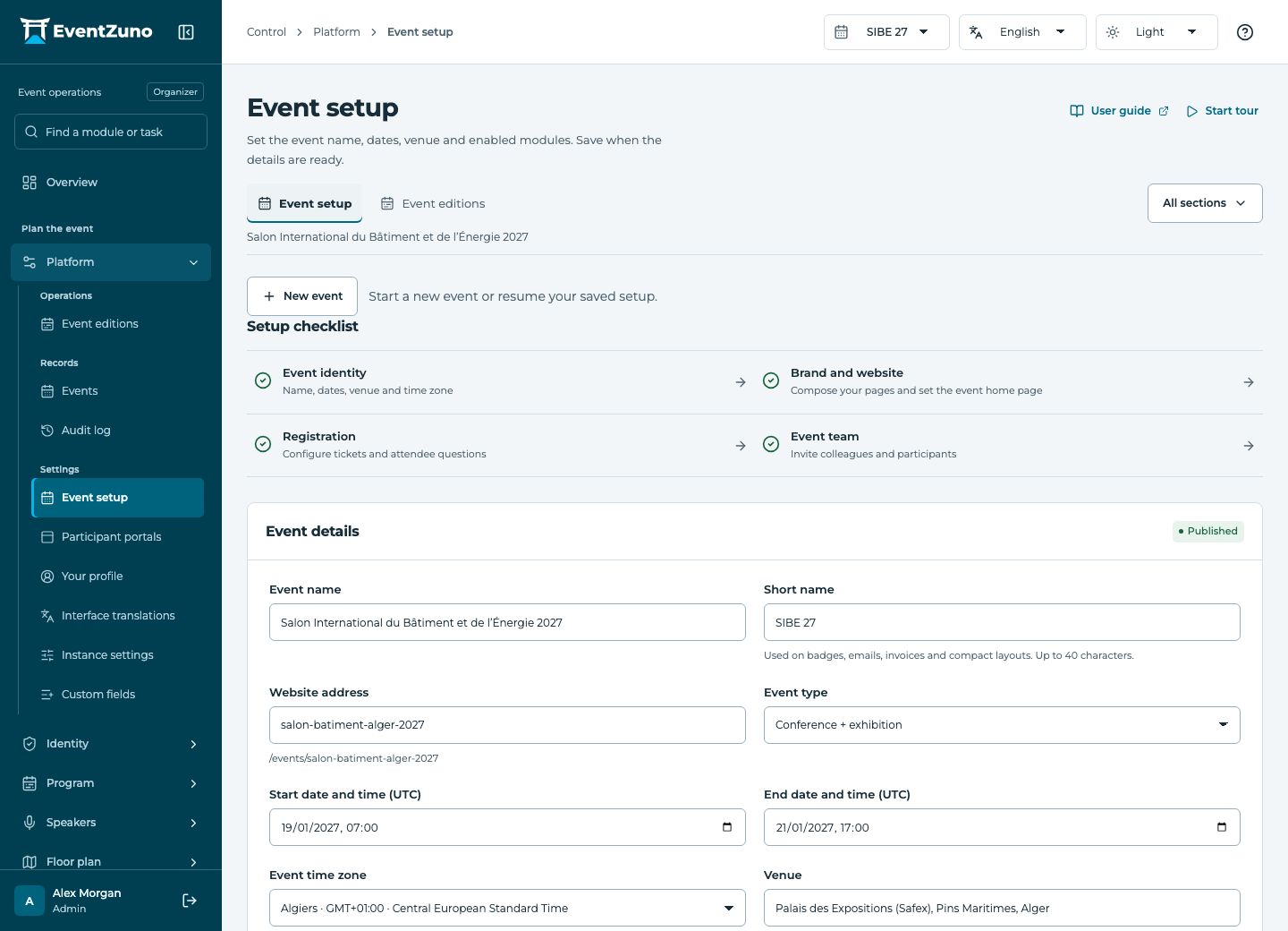 Platform Core & Admin Backend: Event setup in the EventZuno demonstration event