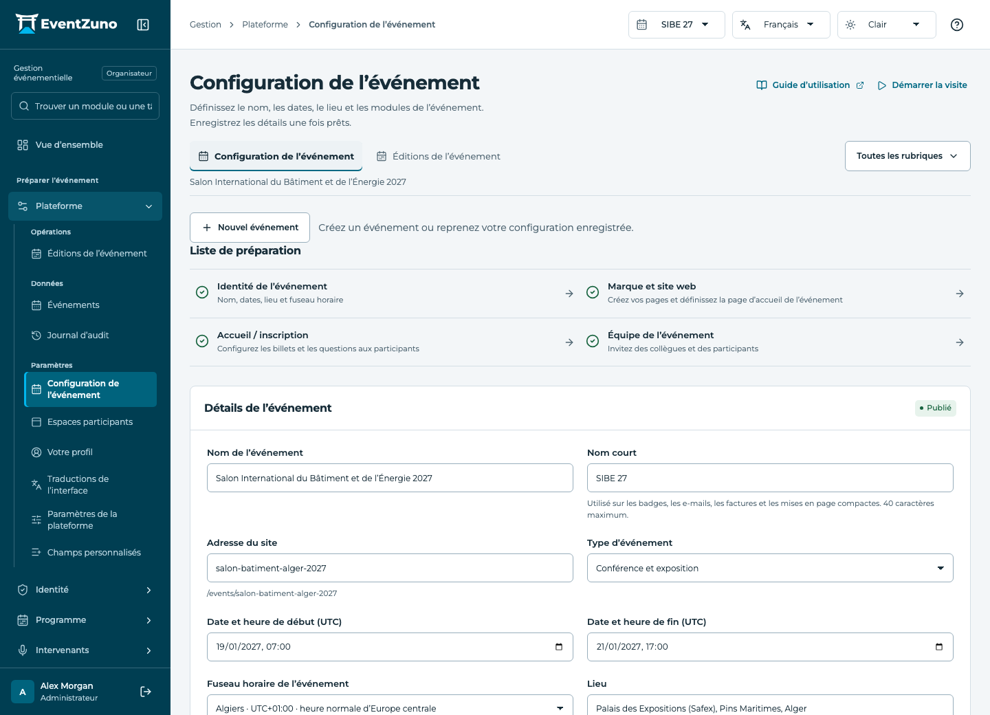 Plateforme et administration : Configuration de l’événement dans l’événement de démonstration EventZuno