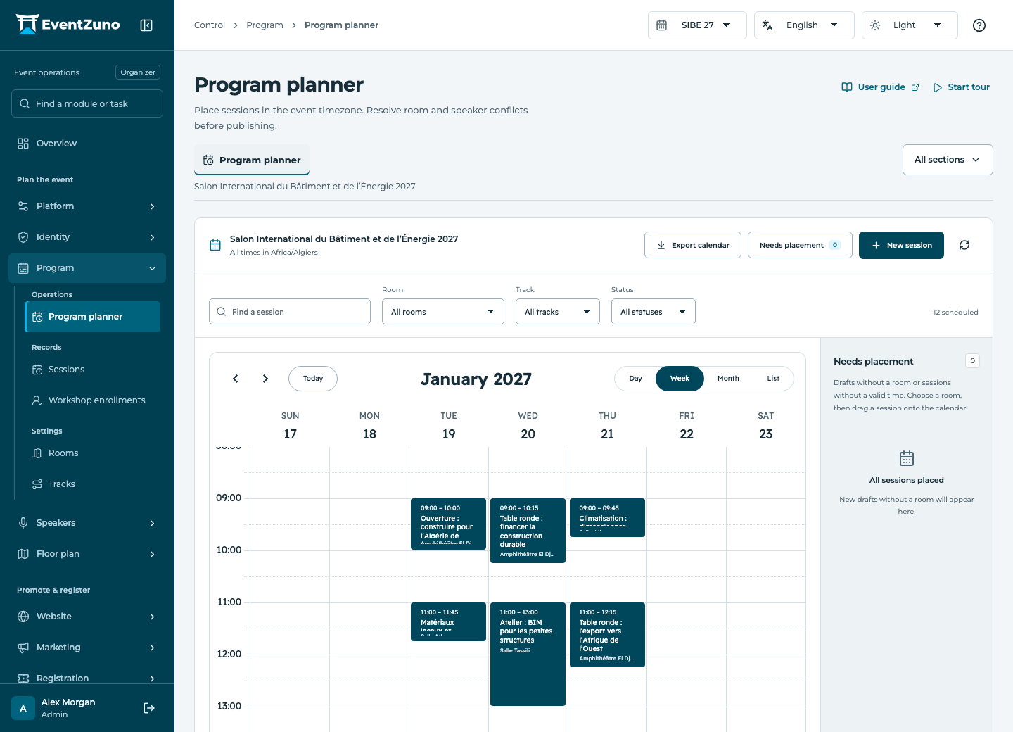 Sessions, Tracks & Workshops: Program planner in the EventZuno demonstration event