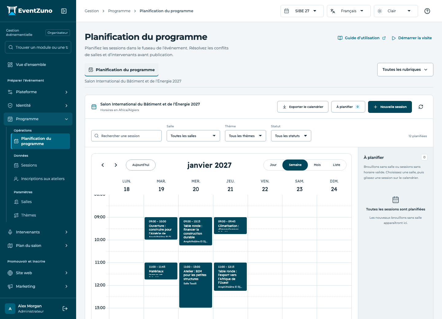 Sessions, parcours et ateliers : Planification du programme dans l’événement de démonstration EventZuno