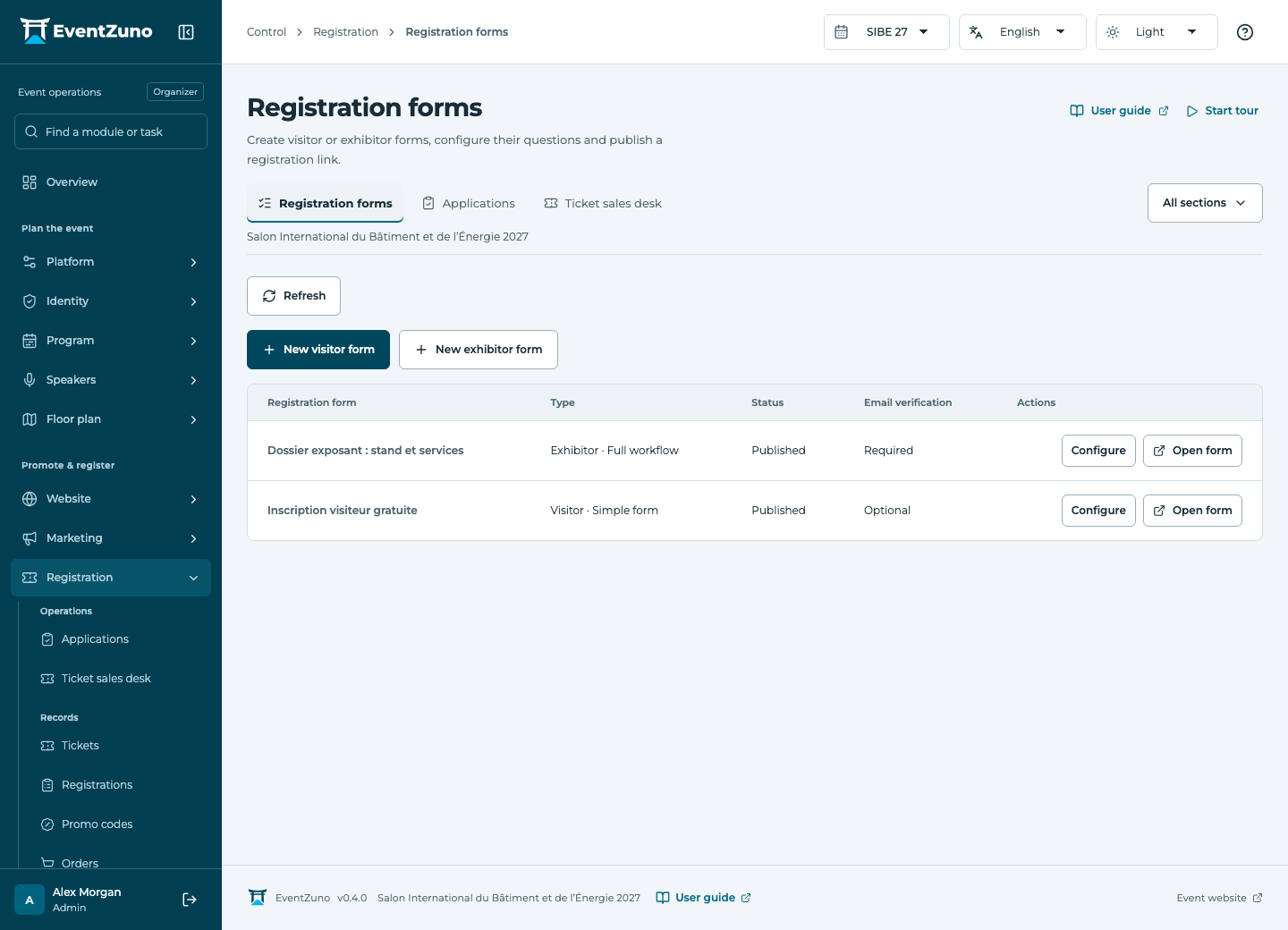 Registration & Ticketing: Registration forms in the EventZuno demonstration event