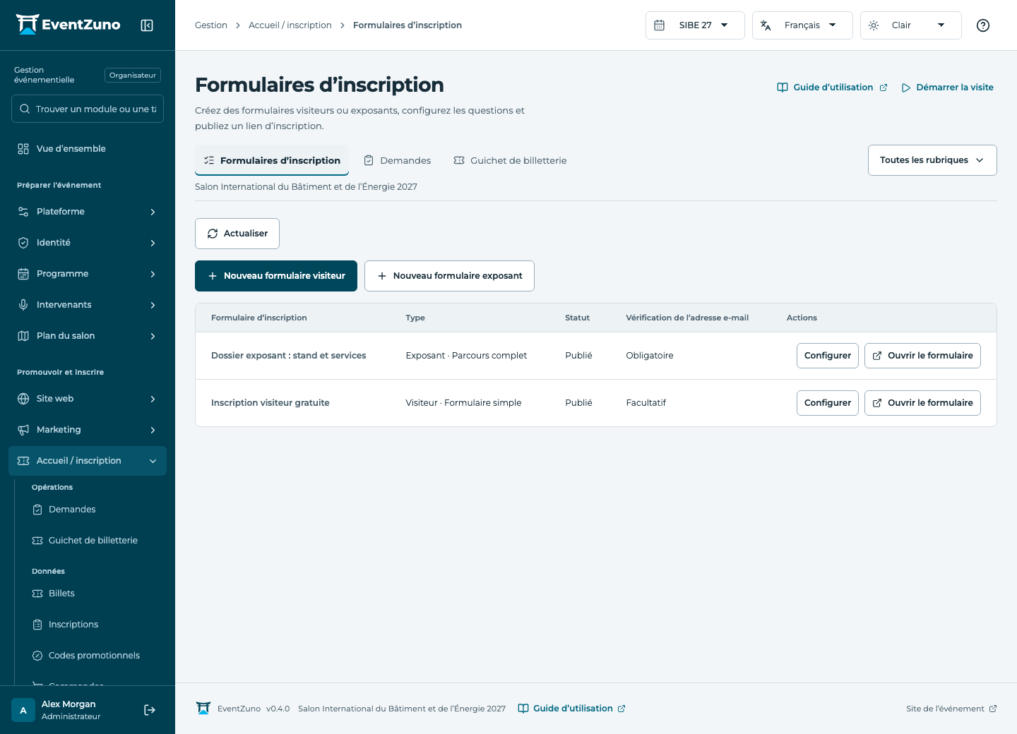 Inscriptions et billetterie : Formulaires d’inscription dans l’événement de démonstration EventZuno