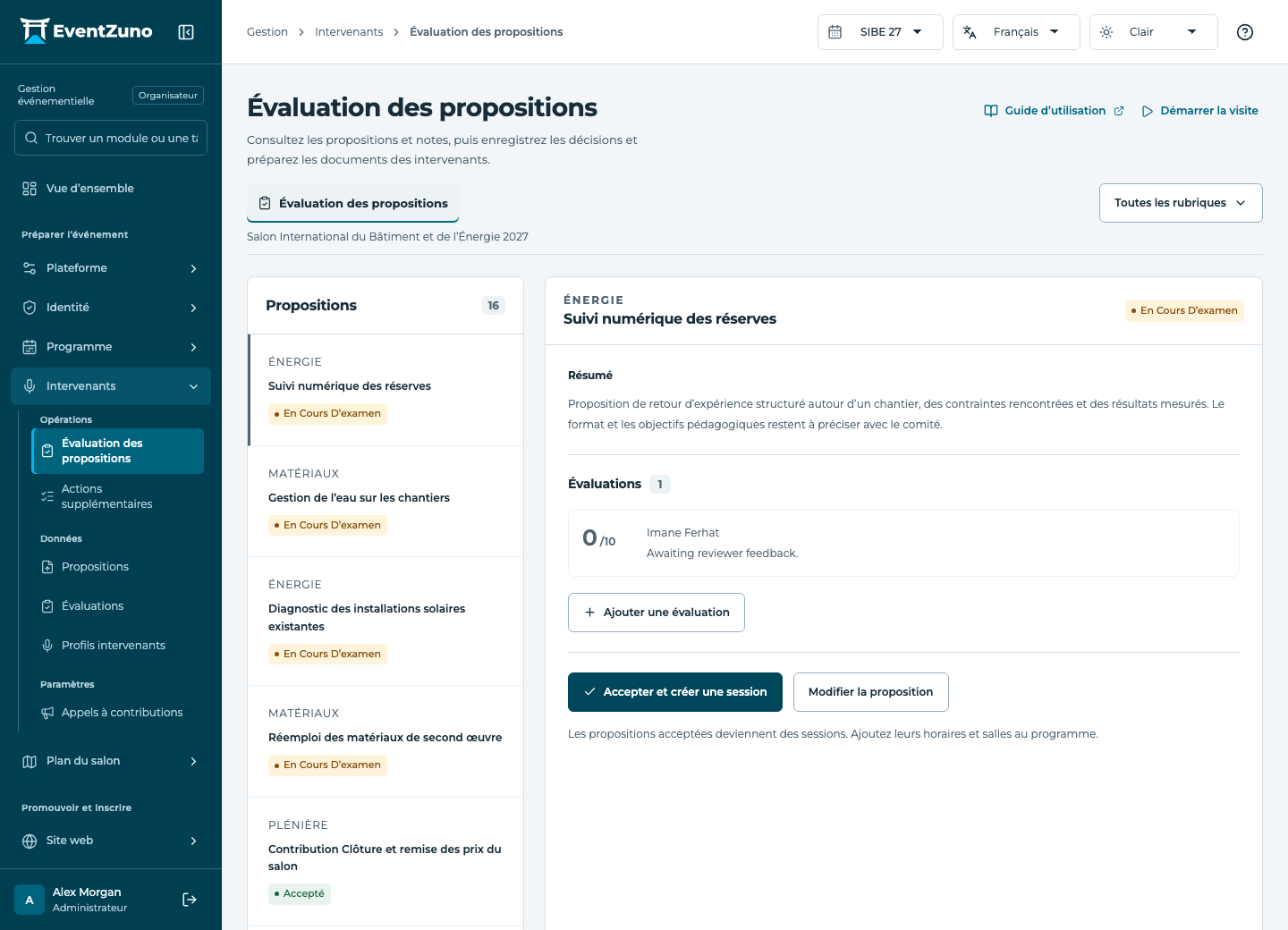 Intervenants et appels à contributions : Évaluation des propositions dans l’événement de démonstration EventZuno