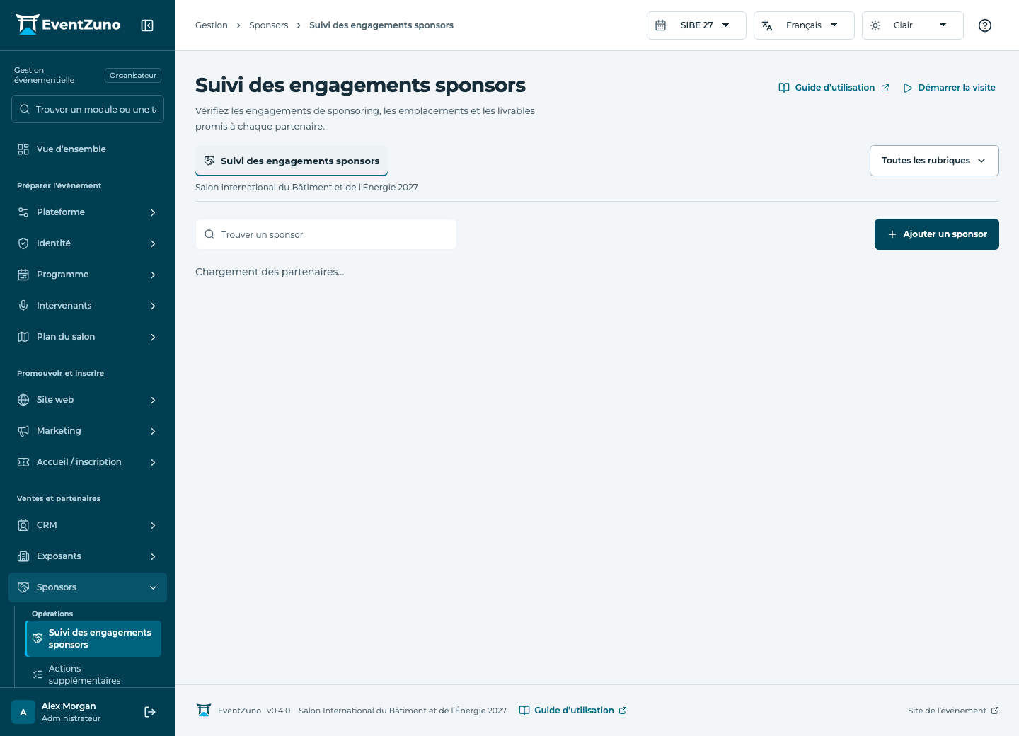 Gestion des sponsors et partenaires : Suivi des engagements sponsors dans l’événement de démonstration EventZuno