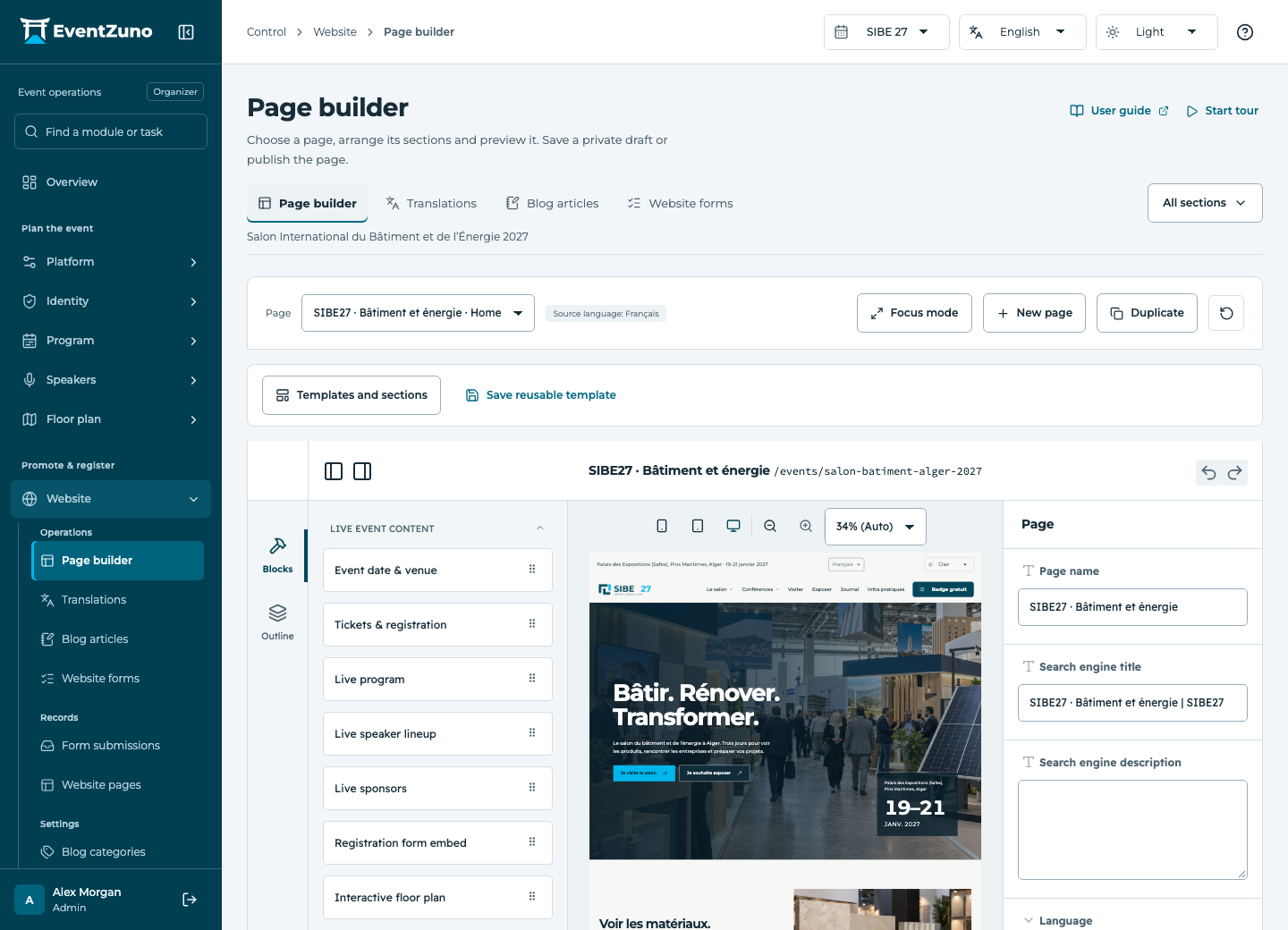 Event Website & Landing Pages: Page builder in the EventZuno demonstration event