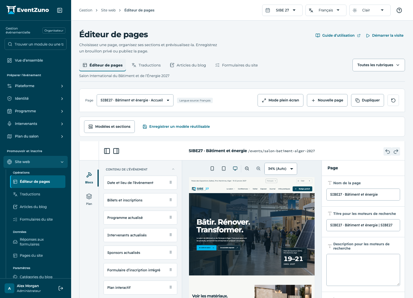 Site événementiel et pages : Éditeur de pages dans l’événement de démonstration EventZuno